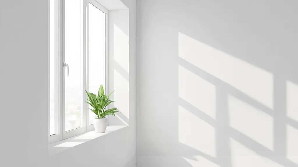 A minimalist interior scene is depicted.  Sunlight streams through a large, white-framed window, casting distinct shadows on a bright white wall. A small, potted green plant sits on the windowsill, adding a touch of nature to the otherwise stark, clean space. The overall impression is one of serenity and modern simplicity.