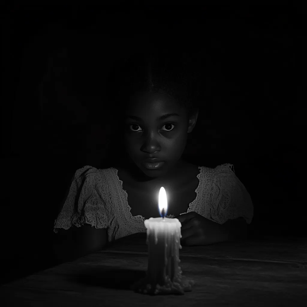 Here's a description of the image:

The black and white photograph shows a young Black girl seated at a table in near-total darkness.  Only her face and upper body are visible, illuminated faintly by a single lit candle positioned in front of her. She wears a lacy, light-colored dress.  Her expression is serious and pensive, her gaze directed towards the viewer. The stark contrast between the bright candle flame and the overwhelming darkness creates a dramatic and somewhat melancholic mood.  The overall feeling is one of quiet contemplation or perhaps a sense of solitude and vulnerability.