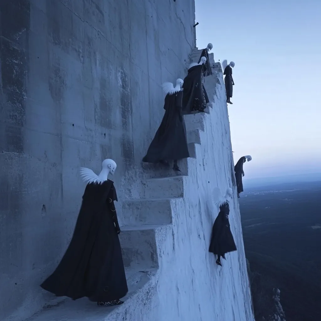 Here's a description of the image:

A surreal scene unfolds on a towering concrete cliff overlooking a vast landscape. Several figures, cloaked in long, dark robes and adorned with pale, wing-like appendages, ascend a narrow, precarious staircase etched into the cliff face. Their pale heads and dark attire create a striking contrast against the pale blue of the sky and the muted tones of the cliff.  The figures appear otherworldly, their movement suggesting a pilgrimage or solemn procession towards an unseen destination. The overall atmosphere is one of mystery and quiet grandeur.