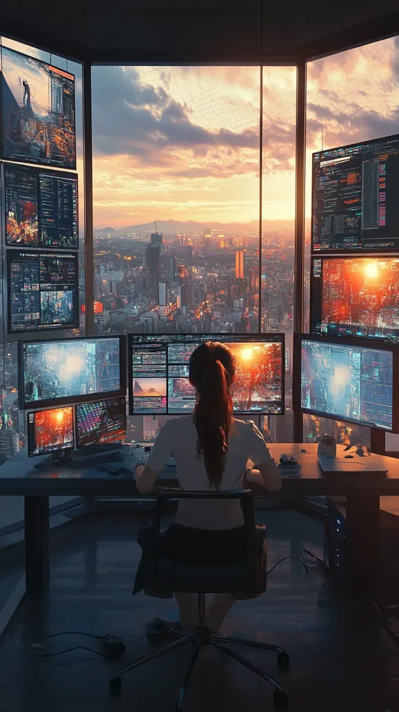 A woman sits at a large desk in a modern, high-rise apartment, overlooking a sprawling cityscape at sunset.  Multiple monitors display complex data streams and graphical interfaces. The room is sleek and dark, contrasting with the warm hues of the twilight sky outside.  The overall scene evokes a sense of futuristic technology and solitary work in a breathtaking setting.