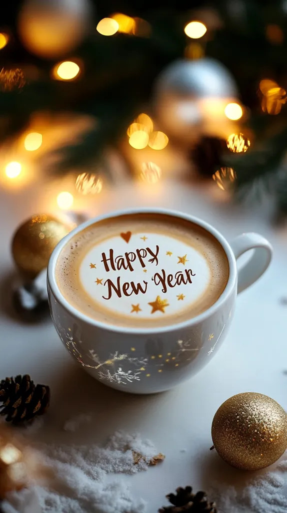 A festive cappuccino sits on a white surface, adorned with the words "Happy New Year" artfully etched into the frothy milk.  Gold stars and a small heart complete the design.  The cup is decorated with subtle snowflake patterns, and sits amongst bokeh lights, gold ornaments, and pine cones, creating a cozy, warm, and celebratory New Year's scene.  A dusting of what appears to be powdered sugar adds to the winter ambiance.