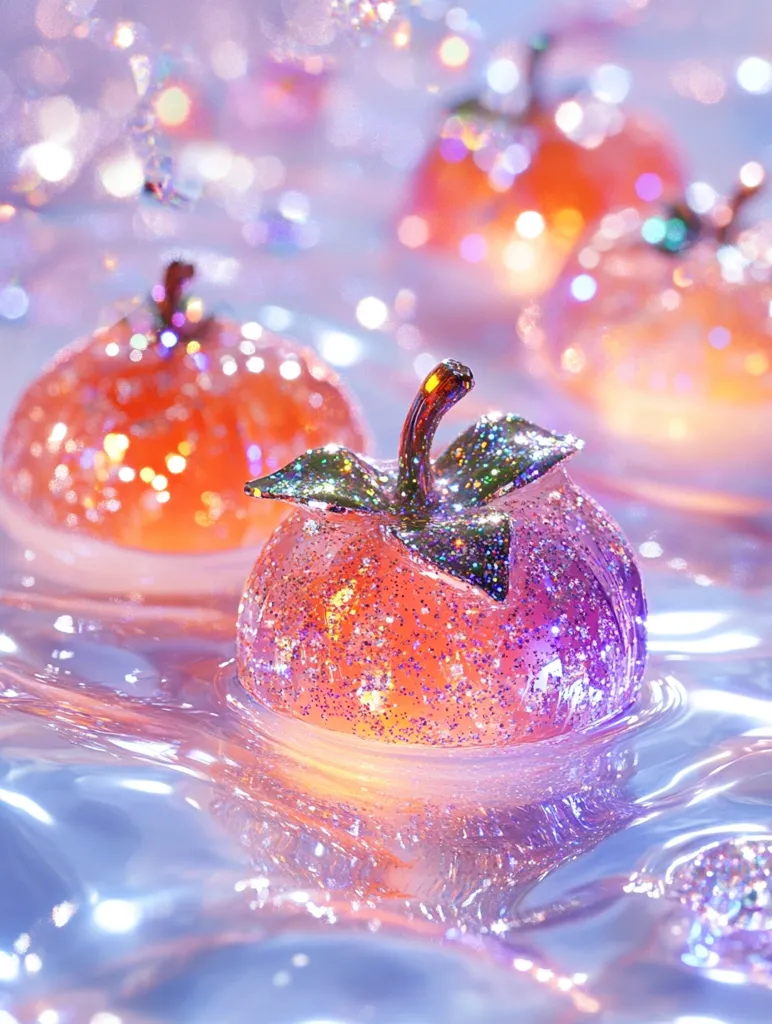Here's a description of the image:

The image showcases three miniature, glittering pumpkins submerged in a shimmering, light purple liquid.  The pumpkins are adorned with iridescent glitter, giving them a magical, ethereal quality. They appear to be illuminated from within, casting a soft glow. The liquid itself reflects light, creating a dreamy, almost surreal atmosphere.  The background is softly blurred, focusing attention on the sparkling pumpkins in the foreground. The overall aesthetic is whimsical and festive, suggesting a dreamy, magical Halloween or autumnal scene.