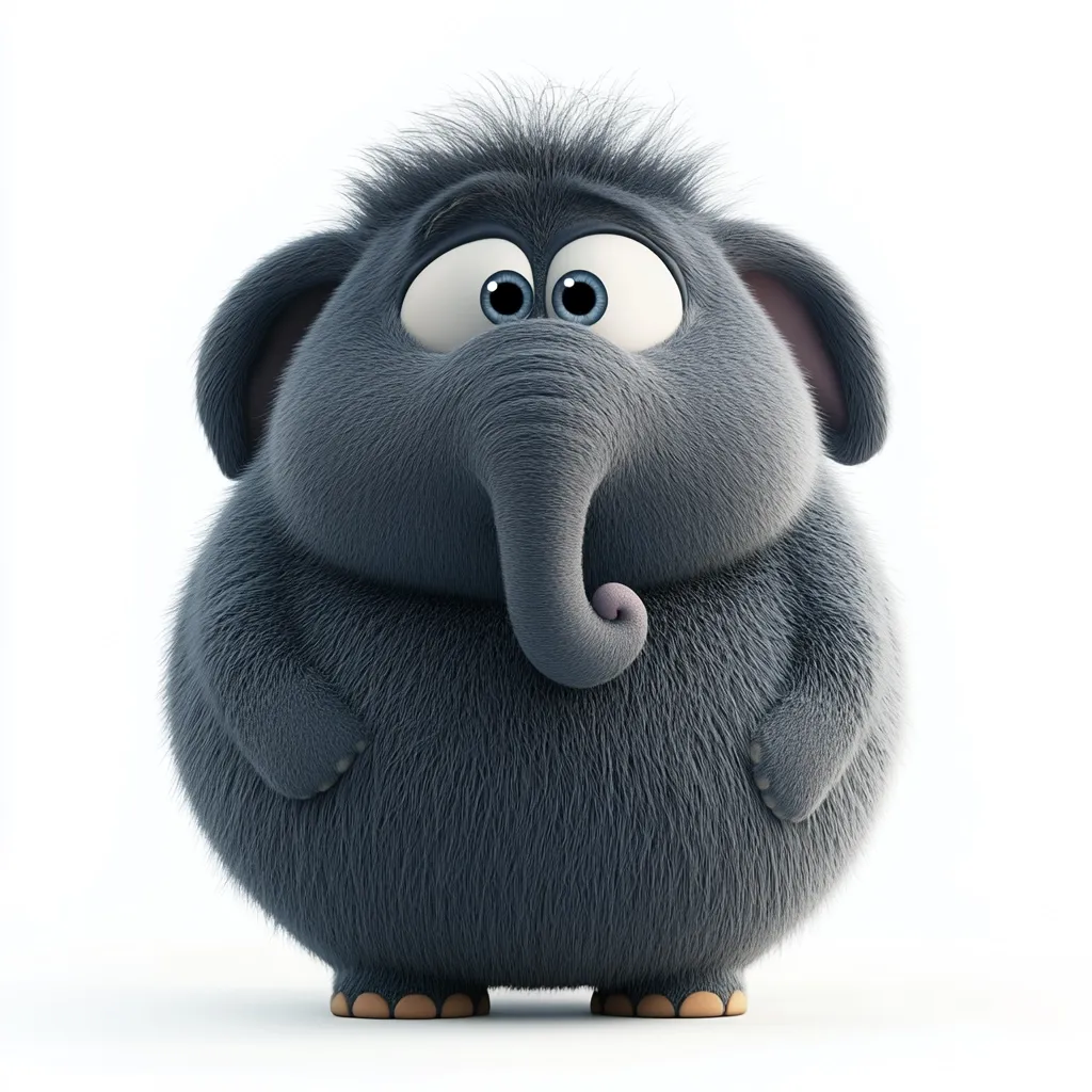Here's a description of the image:

The image shows a charming, cartoon rendering of a baby elephant.  It's round and fluffy, with thick, dark grey fur covering its body.  The elephant's large, expressive eyes are a light blue, and its trunk is small and curled slightly upwards.  Its expression is one of gentle curiosity or perhaps slight apprehension. The elephant is standing on small, stubby feet against a plain white background, making it the clear focal point.  The overall style is cute and playful, suitable for children's animation or illustration.