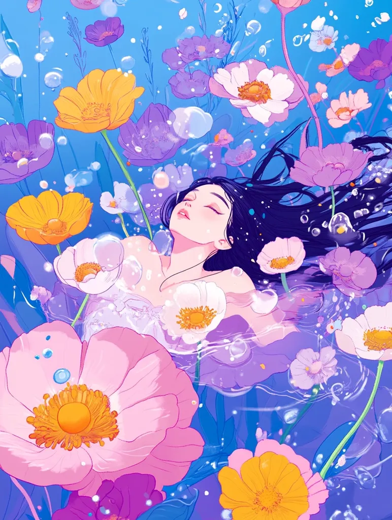 A serene illustration depicts a young woman with long dark hair, seemingly floating peacefully beneath a tranquil surface.  She is surrounded by vibrant, stylized flowers in various shades of pink, purple, and yellow, suggestive of an underwater bloom.  Bubbles rise around her, adding to the dreamlike and ethereal atmosphere. The overall color palette is soft and pastel, contributing to the image's peaceful and calming mood.