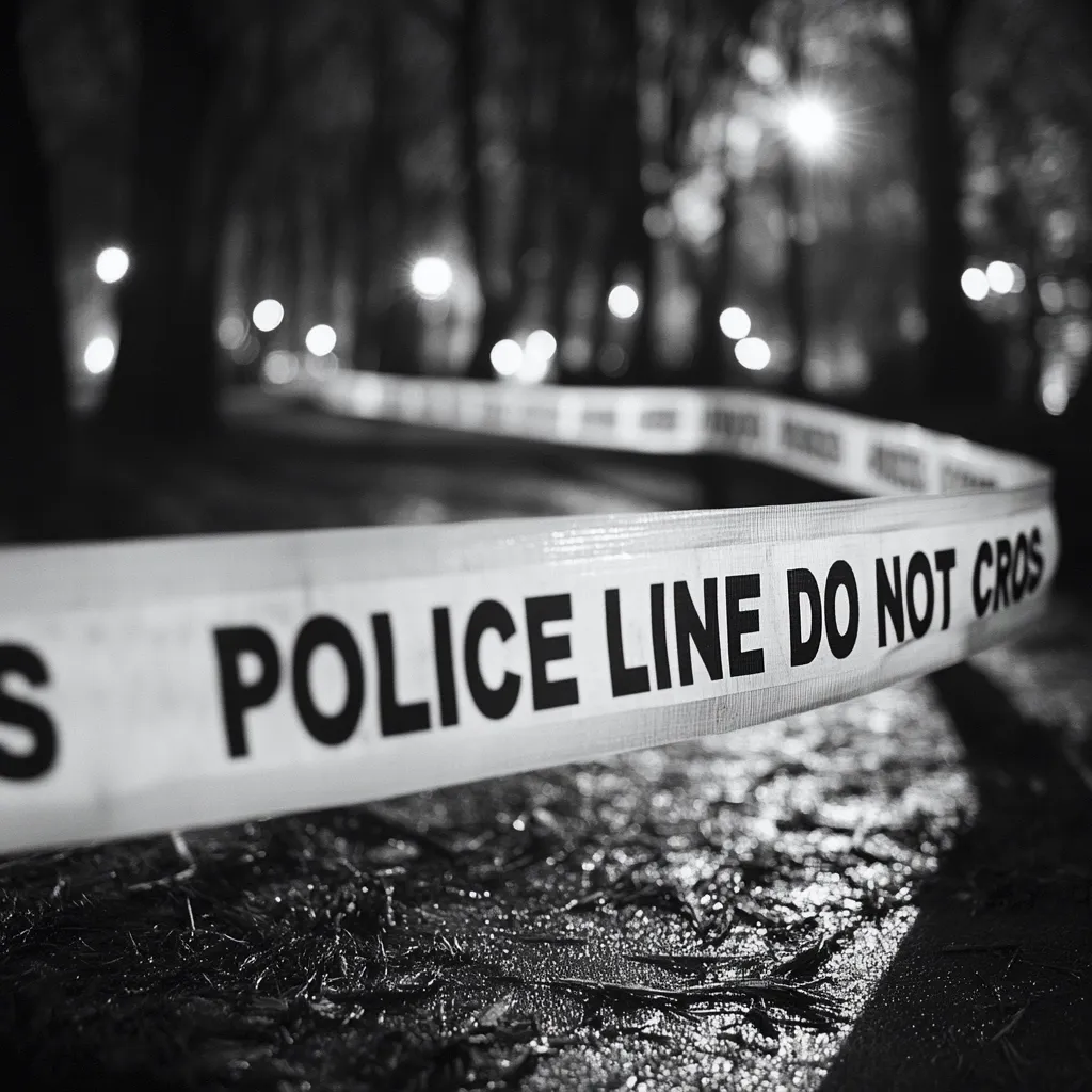 Here is a description of the image:

The black and white photograph shows a section of police tape stretched across the ground at night. The tape reads "POLICE LINE DO NOT CROSS" in bold black lettering. The background is blurred but shows a nighttime park scene with trees and distant lights. The ground is damp, and small twigs and debris are scattered across it. The overall mood is somber and suggestive of a crime scene.