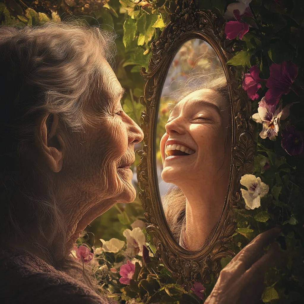 An elderly woman with silver hair, deeply lined face, and a gentle smile gazes into an ornate oval mirror. Her reflection reveals a younger, vibrant version of herself, radiating joy and laughter.  Surrounding them is a lush garden bursting with colorful flowers, creating a serene and nostalgic atmosphere. The image evokes a poignant reflection on the passage of time and the enduring beauty of memories.
