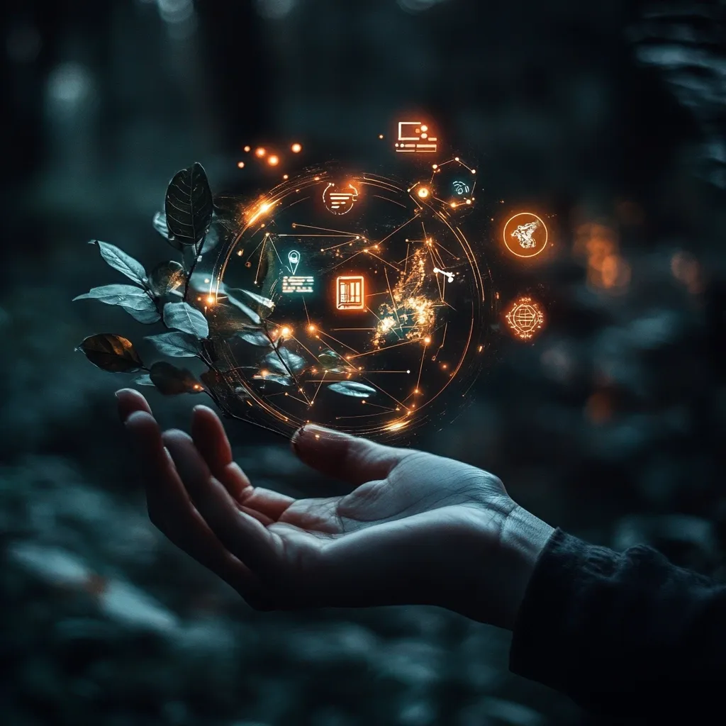 A hand gently cradles a luminous, orb-like hologram in a dark, forested setting.  The sphere is intricately connected with glowing lines, displaying various digital icons representing data, technology, and possibly nature.  A sprig of leaves partially obscures the base of the glowing sphere, creating a juxtaposition of organic and technological elements. The image evokes a sense of mystery and the potential intersection of nature and advanced technology.