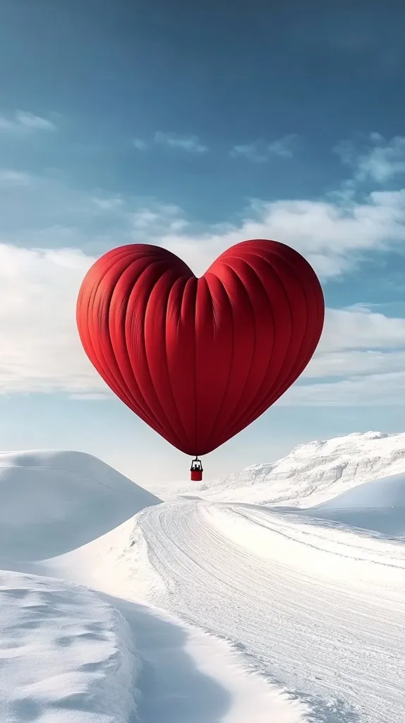 A vibrant red heart-shaped hot air balloon floats serenely against a clear blue sky, dotted with wispy clouds.  Below, a pristine, snow-covered landscape unfolds, featuring gently rolling hills and a smooth, winding path leading towards the balloon. The contrast between the warm red of the balloon and the cool white of the snow creates a visually stunning and romantic scene. The image evokes feelings of love, adventure, and serene beauty.