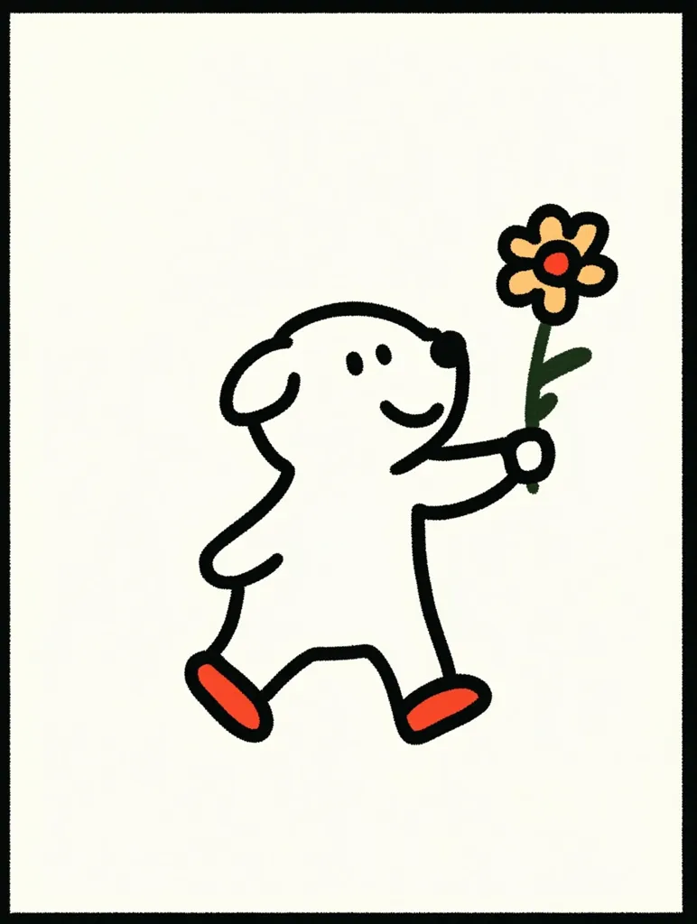 Here's a description of the image:

The image is a simple, childlike drawing featuring a white bear-like creature walking and carrying a single yellow flower with a red center.  The bear is depicted with bold black outlines and small, red shoes.  Its expression is friendly and somewhat simplistic. The style is reminiscent of a child's drawing or a minimalist cartoon.  The background is plain white, contained within a black border, making the characters stand out prominently. The overall impression is one of innocence and sweetness.