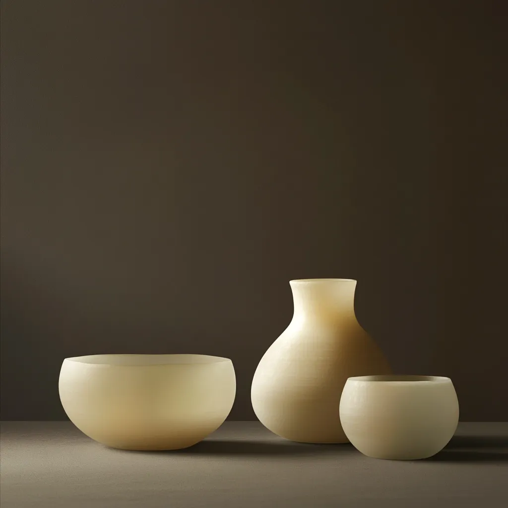 Here's a description of the image:

Three alabaster vessels sit on a neutral-toned surface against a deep brown backdrop.  A wide, shallow bowl rests to the left, its soft curves mirroring the gentle swell of a larger vase positioned to its right. A smaller, tumbler-like cup sits to the right of the vase, completing the trio. The alabaster's pale, creamy hue contrasts beautifully with the rich background, creating a serene and minimalist still life. The subtle shadows suggest soft, diffused lighting.