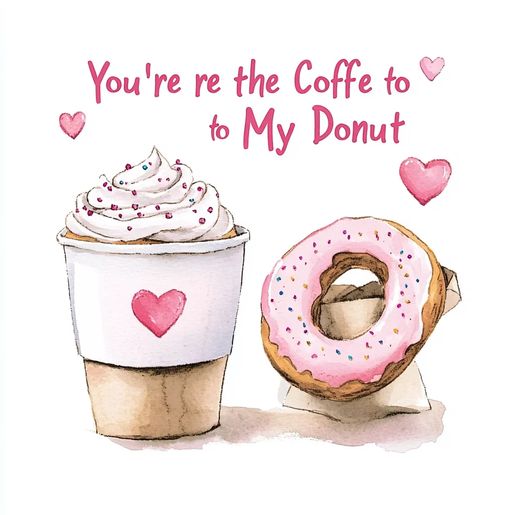 A watercolor illustration features a coffee cup with whipped cream and sprinkles, alongside a pink donut with sprinkles.  The text "You're the Coffee to My Donut" is written above, punctuated with small pink hearts. The style is cute and romantic, suggesting a loving message. The coffee cup is depicted in a takeaway style, and the donut rests slightly askew. The overall effect is whimsical and sweet.