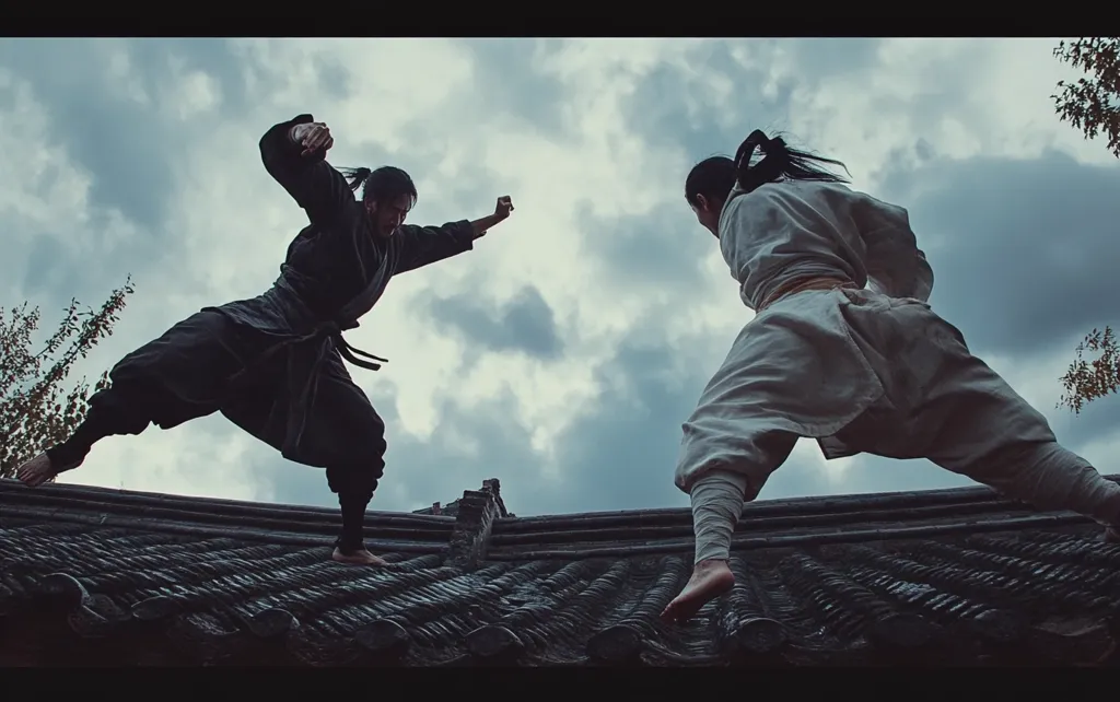 Two martial artists, one in dark clothing and one in light, face off on a rooftop against a dramatic, cloudy sky.  They are positioned in dynamic fighting stances, suggesting a moment of intense confrontation or a pivotal point in a duel.  The low-angle shot emphasizes their precarious position and the gravity of their encounter. The overall mood is one of suspense and impending action. The setting appears to be an old building with traditional-style roofing tiles.