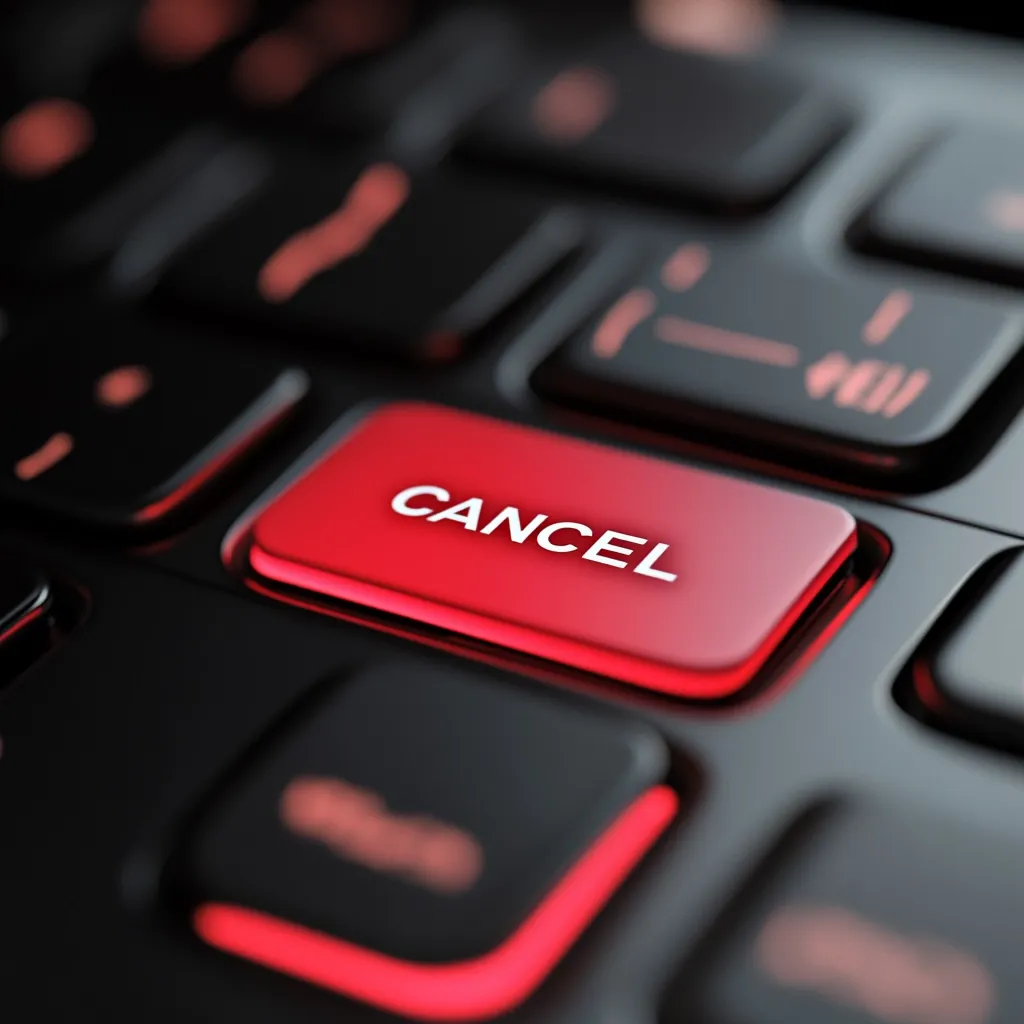 Close-up view of a dark-colored keyboard with a prominent red "CANCEL" button.  The button is brightly lit, drawing attention to its function. The surrounding keys are blurred, emphasizing the "CANCEL" key's importance.  The image suggests a moment of decision, highlighting the option to stop or undo an action. The overall aesthetic is sleek and modern.