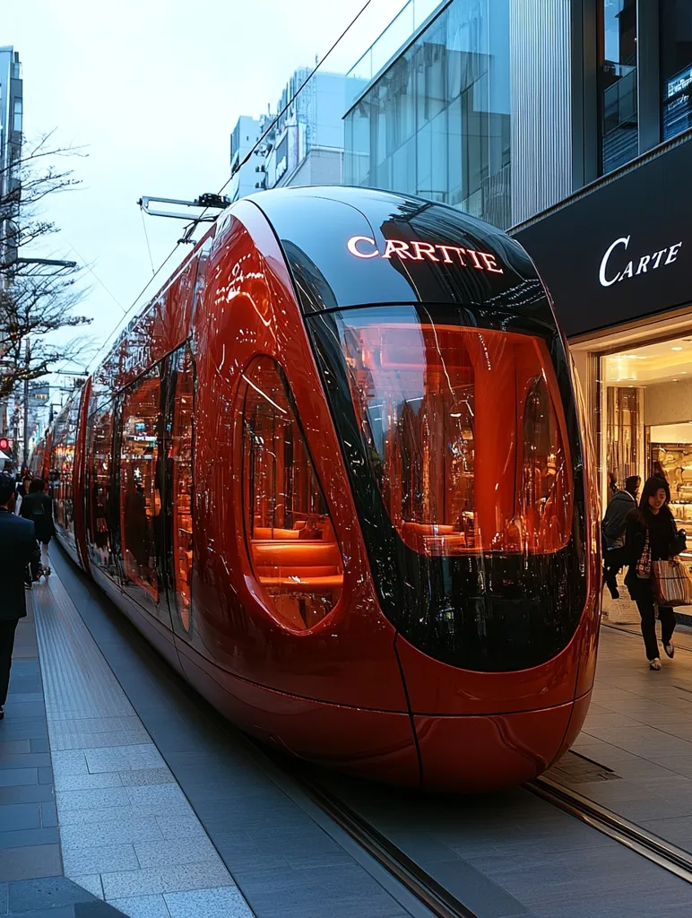 A sleek, modern, red tram, emblazoned with "Cartier" on its front, is shown partially parked near a luxury store. The tram's orange interior lighting is visible through its large windows.  Pedestrians are walking by in the background, along a paved city street lined with modern buildings. The overall scene conveys a sense of upscale urban transportation in a sophisticated setting. The lighting suggests it's likely twilight or early evening.
