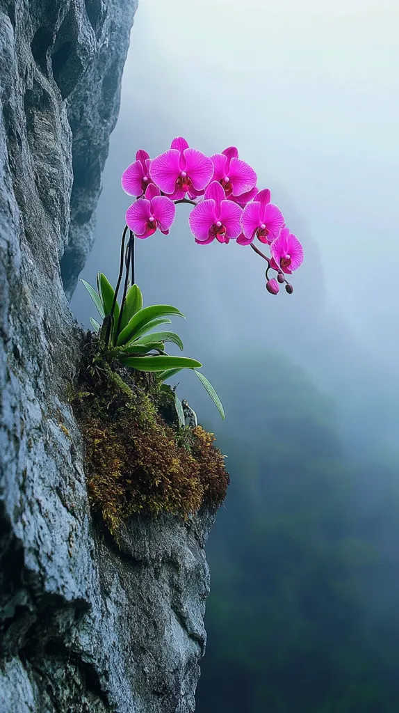 A vibrant cluster of pink orchids blossoms from a moss-covered crevice in a rugged, grey rock face.  The orchids arc gracefully, their delicate petals contrasting sharply with the harsh texture of the stone. A misty, ethereal background suggests a high-altitude or mountainous environment, enhancing the sense of the flower's tenacious beauty and resilience in a challenging location.  The overall image evokes themes of nature's strength and unexpected elegance.