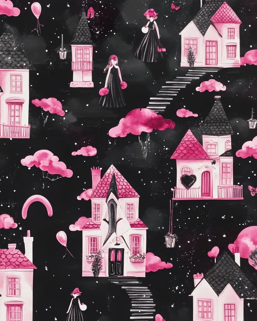 Here's a description of the image:

The illustration showcases a whimsical, dreamlike scene set against a black background speckled with white dots, resembling a night sky. Pink houses of varying styles float amidst fluffy pink clouds.  Elegant women in black dresses and pink hats stroll along black staircases connecting the houses.  Pink balloons and flower pots add to the fantastical atmosphere. The overall style is playful and slightly gothic, with a charming and unique aesthetic.