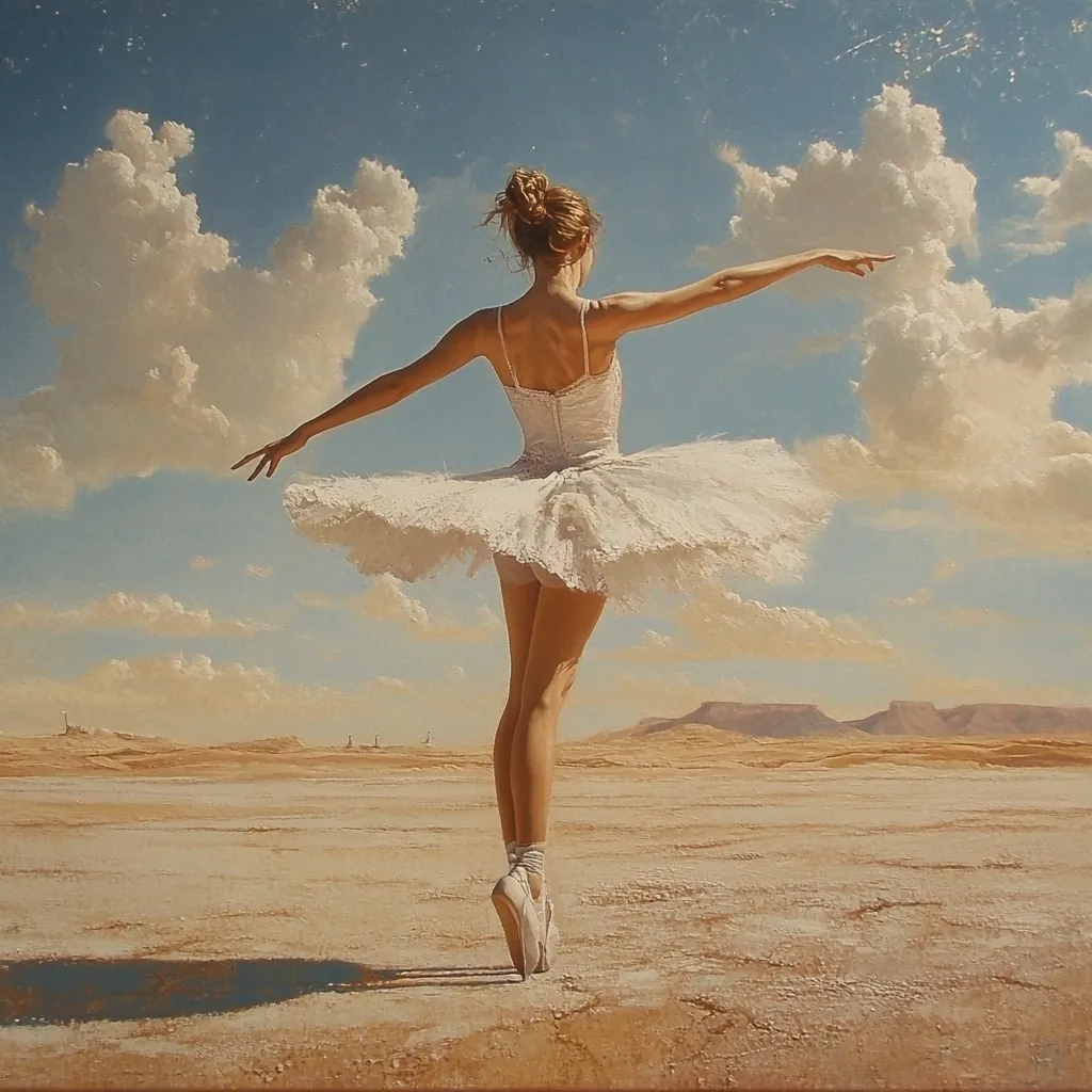 Here's a description of the image:

The painting depicts a ballerina, seen from behind, poised en pointe in a desolate, sun-drenched landscape.  She wears a white tutu and pointe shoes, her arms outstretched.  The vast, sandy expanse stretches to distant, hazy mountains under a bright sky filled with fluffy cumulus clouds. The contrast between the delicate ballerina and the harsh, barren environment creates a striking visual juxtaposition, suggesting themes of fragility, isolation, and unexpected beauty.  The overall style is realistic with a painterly, slightly impressionistic quality to the clouds and landscape.
