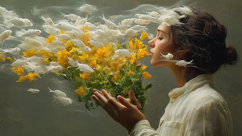 A young woman with dark, curly hair is depicted in a surreal painting.  She gently holds a bouquet of yellow flowers, seemingly emanating from her, surrounded by a school of translucent white fish.  The fish appear to be swimming through her hair and around the flowers, creating a dreamlike, ethereal atmosphere. The overall mood is serene and mystical, suggesting a connection between the woman, nature, and the aquatic world. The muted color palette enhances the artwork's tranquility.