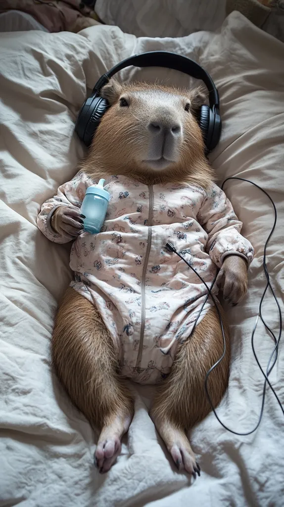 Here's a description of the image:

A capybara, wearing a light pink floral onesie, relaxes in bed.  Oversized headphones rest on its head, and it holds a small, light blue baby bottle. The capybara appears calm and content, lying on its back with legs splayed.  The bedding is light-colored and rumpled, suggesting comfort and leisure. The scene is softly lit, creating a cozy and somewhat humorous atmosphere. The overall impression is one of peaceful relaxation, with a touch of whimsy due to the unusual combination of a capybara and human-like accessories.