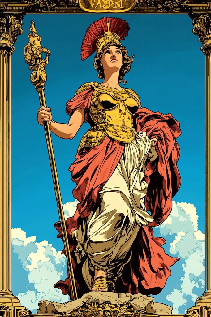 The image is a stylized illustration of a female warrior, possibly a goddess, depicted in a classical style. She's adorned in golden armor, a flowing red and white robe, and a plumed helmet. She stands majestically, holding a staff topped with a golden ornament, against a bright blue sky with fluffy white clouds. The artwork is framed by an ornate gold border with pillars, adding to the classical feel. The style is reminiscent of comic book art or a graphic novel, but with a focus on rich colors and detailed rendering of the figure and clothing.  The overall impression is one of strength, power, and classical mythology.