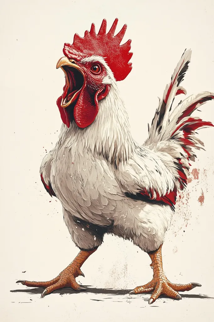 Here's a description of the image:

The illustration showcases a vibrant rooster, predominantly white with striking red accents on its comb, wattles, and tail feathers.  Its beak is open in a loud crow, suggesting a powerful call. The rooster's posture is alert and dynamic, its legs firmly planted, conveying energy and readiness. The style is realistic, with meticulous attention to detail in the feathers and texture.  A subtle splatter effect surrounds the bird, adding to the overall dynamic feel.  The background is a muted off-white, making the rooster the clear focal point.