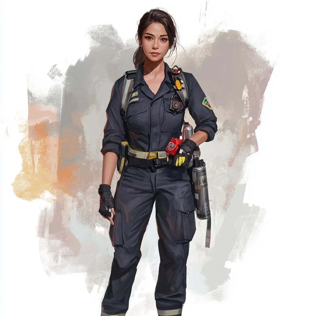 A stylized digital painting depicts a young woman, possibly a firefighter or emergency responder. She stands confidently, her dark hair pulled back in a ponytail.  She's wearing a dark blue uniform with cargo pockets, a yellow utility belt, and black gloves.  Various pieces of safety equipment, including a backpack and what appears to be a small fire extinguisher, are attached to her. The background is a muted palette of grays and oranges, giving a slightly smoky or hazy atmosphere. The overall style is realistic but with a painterly, slightly ethereal quality.