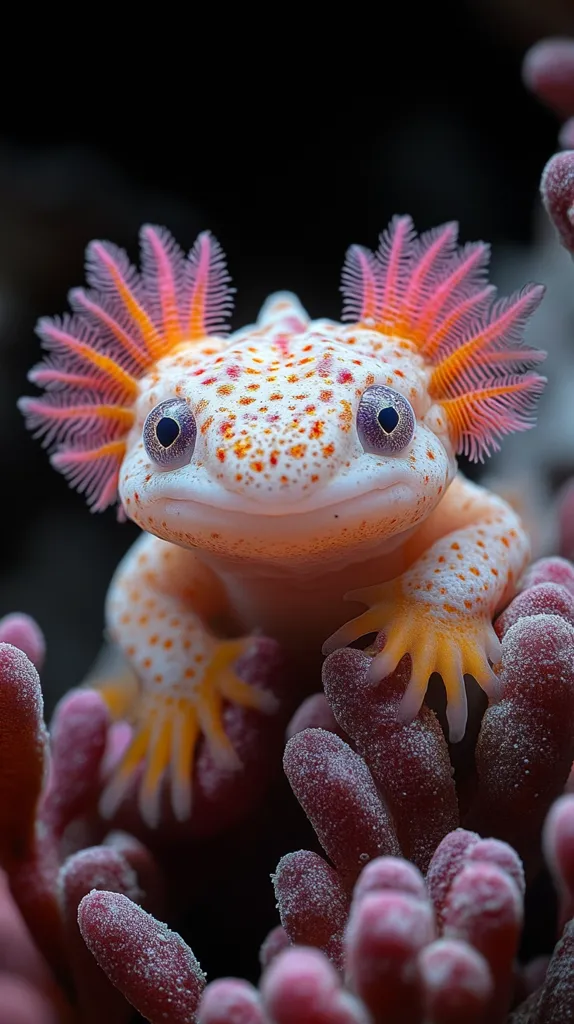 Here's a description of the image:

Close-up view of a vibrant, small sea creature, possibly a type of nudibranch, perched atop a cluster of purplish-pink coral.  The creature is predominantly white with orange and reddish-pink spots, and features delicate, feathery pink appendages on its head. Its large, dark eyes are prominent, and it has a cheerful, almost smiling expression. The coral provides a textured, contrasting background, its surface appearing slightly dusty or powdered. The overall image is sharp and detailed, highlighting the creature's intricate features and the texture of its surroundings.  The background is dark, making the brightly colored subject stand out.