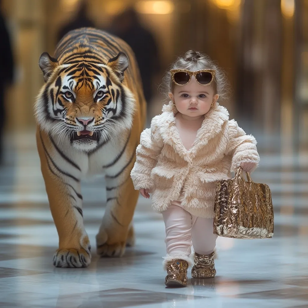 Here's a description of the image:

The photograph shows a toddler girl fashionably dressed in a cream-colored fur coat, pink pants, and gold boots, carrying a gold purse. She walks confidently,  directly in front of a large tiger also walking towards the camera. The tiger appears calm and is in focus, mirroring the girl's pose.  The background is a blurred indoor space, suggesting a luxurious setting. The overall impression is a striking juxtaposition of innocence and wildness, creating a visually compelling and slightly surreal scene.