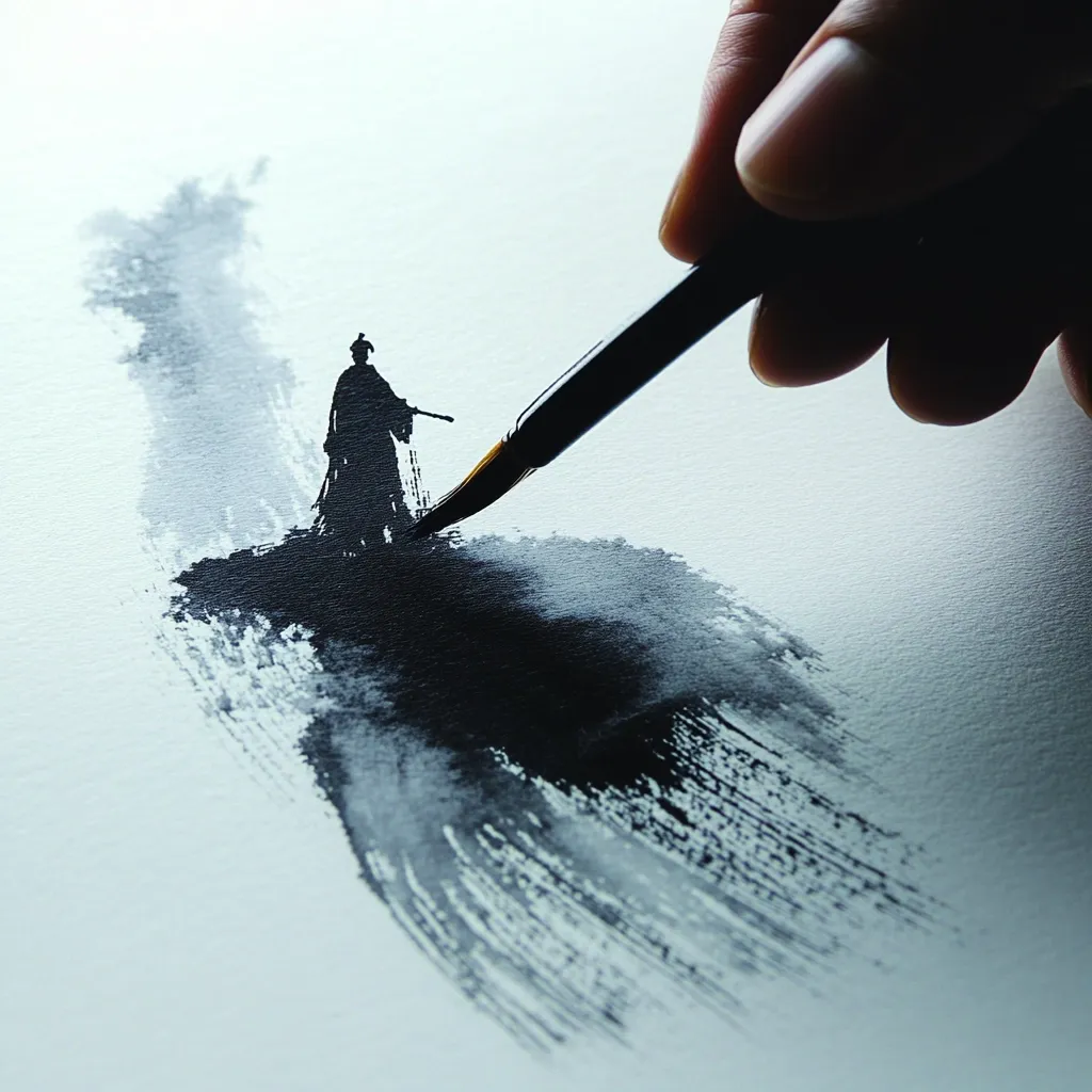 A hand delicately holds a brush, adding final strokes to an ink painting.  The artwork depicts a lone, silhouetted figure, possibly a samurai, standing on a dark, abstract landscape rendered in expressive brushstrokes.  The image conveys a sense of solitude and the meditative process of East Asian ink painting, focusing on the artist's hand and the flowing, evocative nature of the ink.  The contrast between the precise figure and the loose background is striking.