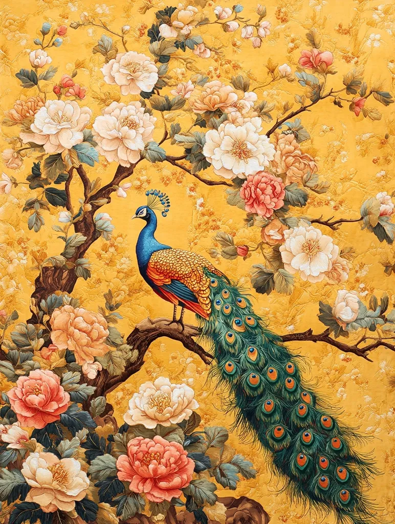 A vibrant painting depicts a peacock perched on a blossoming branch.  The peacock's iridescent plumage contrasts beautifully with the rich, golden background.  The branch is laden with large, peony-like flowers in varying shades of pink, white, and peach.  The detailed floral work and the peacock's intricate feathers create a luxurious, almost regal, aesthetic reminiscent of traditional East Asian art. The overall effect is one of opulent beauty and serene naturalism.