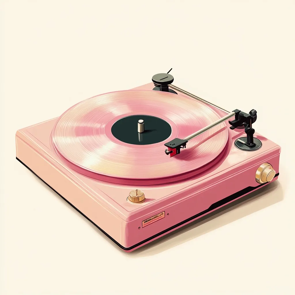 A pastel pink turntable sits on a white background, angled slightly to the right.  A pink vinyl record spins on the platter, the black label clearly visible. The tonearm is positioned over the record, ready to play.  The turntable's design is sleek and modern, with a minimalist aesthetic. A small gold knob is visible on the side. The overall image is clean and evokes a retro-modern feel.