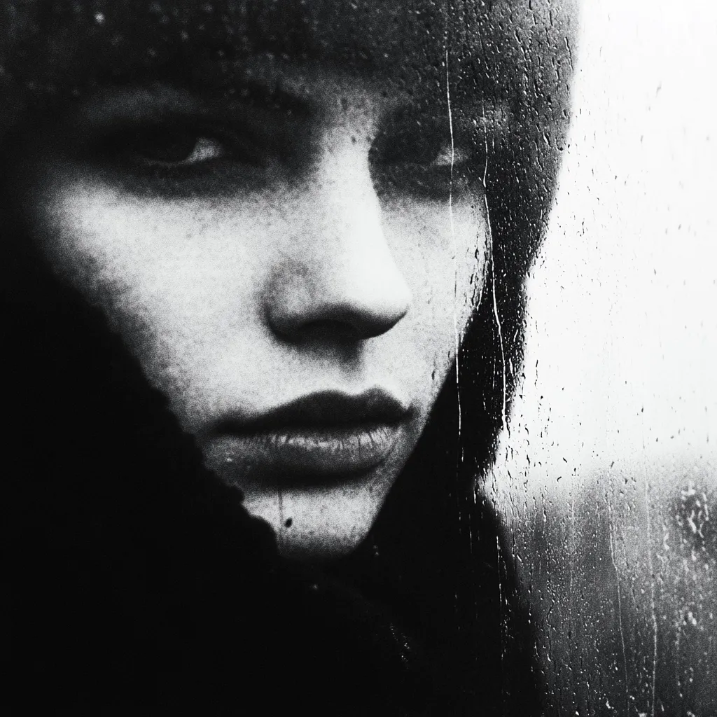 Here's a description of the image:

The black and white photograph shows a close-up of a woman's face, partially obscured by a rain-streaked window.  Her expression is somber and contemplative, her eyes partially visible and slightly downcast. The focus is soft, emphasizing the texture of her skin and the water droplets on the glass. She appears to be wearing dark clothing that blends with the shadows, creating a moody and mysterious atmosphere. The overall effect is one of introspection and melancholic beauty, enhanced by the grainy texture of the image.