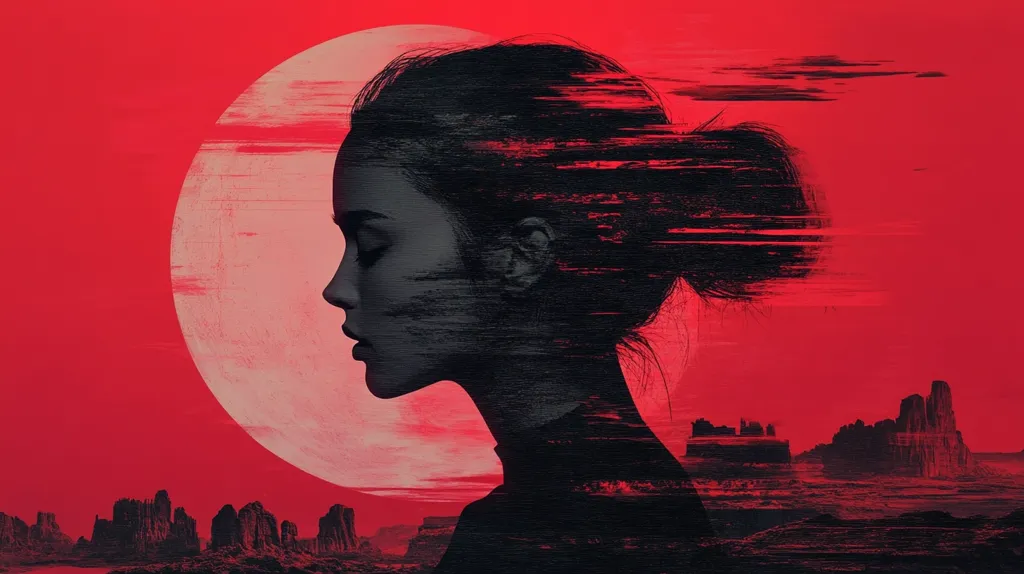 The image is a stylized portrait of a woman's profile against a vibrant red backdrop.  Her hair is depicted with a glitch effect, creating a sense of movement and digital distortion.  A large, textured red circle, possibly representing a sun or moon, dominates the background. A dark, silhouetted landscape, reminiscent of a desert with rock formations, is visible at the bottom. The overall mood is dramatic and slightly melancholic, with a strong contrast between the red background and the dark figure of the woman.