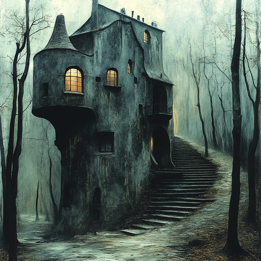 A solitary, dark gray house, seemingly carved into a tree or cliff, stands in a misty forest.  Its unusual architecture features a curving staircase leading up from a wooded path.  A single, warm light shines from an upper window, contrasting with the somber surroundings.  The scene evokes a sense of mystery and isolation, with the house appearing both fantastical and somewhat foreboding.  Bare, slender trees surround the building, adding to the eerie atmosphere.