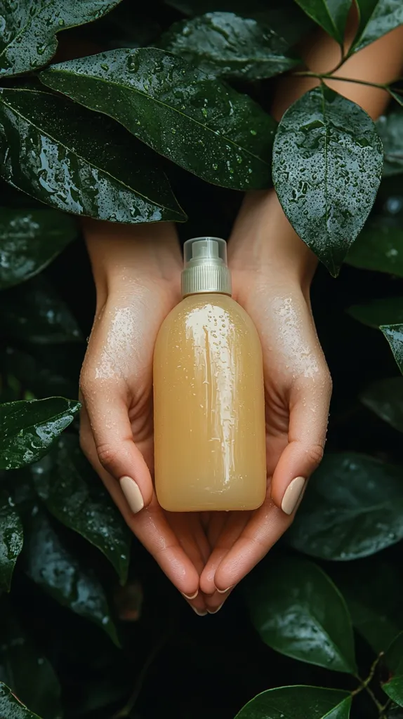 A pair of hands gently cradles a light amber-colored bottle with a spray nozzle.  The bottle, seemingly containing a liquid, is slightly wet, mirroring the dew-kissed, dark green leaves that form a lush backdrop. The image conveys a sense of natural beauty and product freshness, possibly suggesting a skincare or aromatherapy product. The overall aesthetic is calm and serene.