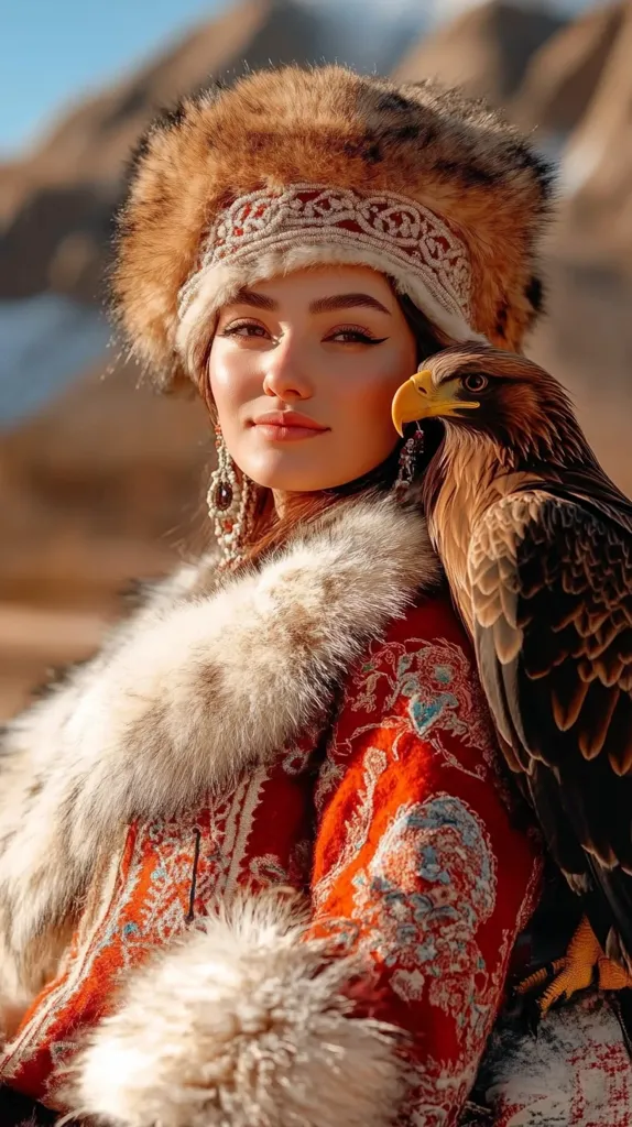 A young woman, her face framed by a luxurious fur hat and long dark hair, gazes directly at the camera.  She's dressed in a vibrant red, intricately embroidered coat, trimmed with thick, fluffy white fur.  A majestic golden eagle perches on her shoulder, its gaze directed away.  The backdrop suggests a mountainous, sun-drenched landscape. The overall image is striking, showcasing a blend of traditional attire and natural beauty.