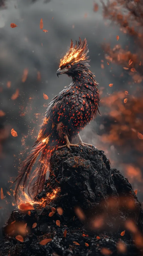 Here is a description of the image:

The image showcases a majestic, fantastical bird, seemingly composed of dark feathers speckled with fiery orange embers.  Its crest is ablaze with flames, adding to its otherworldly aura. The bird perches atop a dark, rough rock, amidst a flurry of falling, burnt orange leaves.  The overall atmosphere is moody and dramatic, suggesting a mythical creature amidst a fiery, autumnal landscape. The flames licking its feathers and the surrounding falling leaves create a sense of movement and powerful energy.
