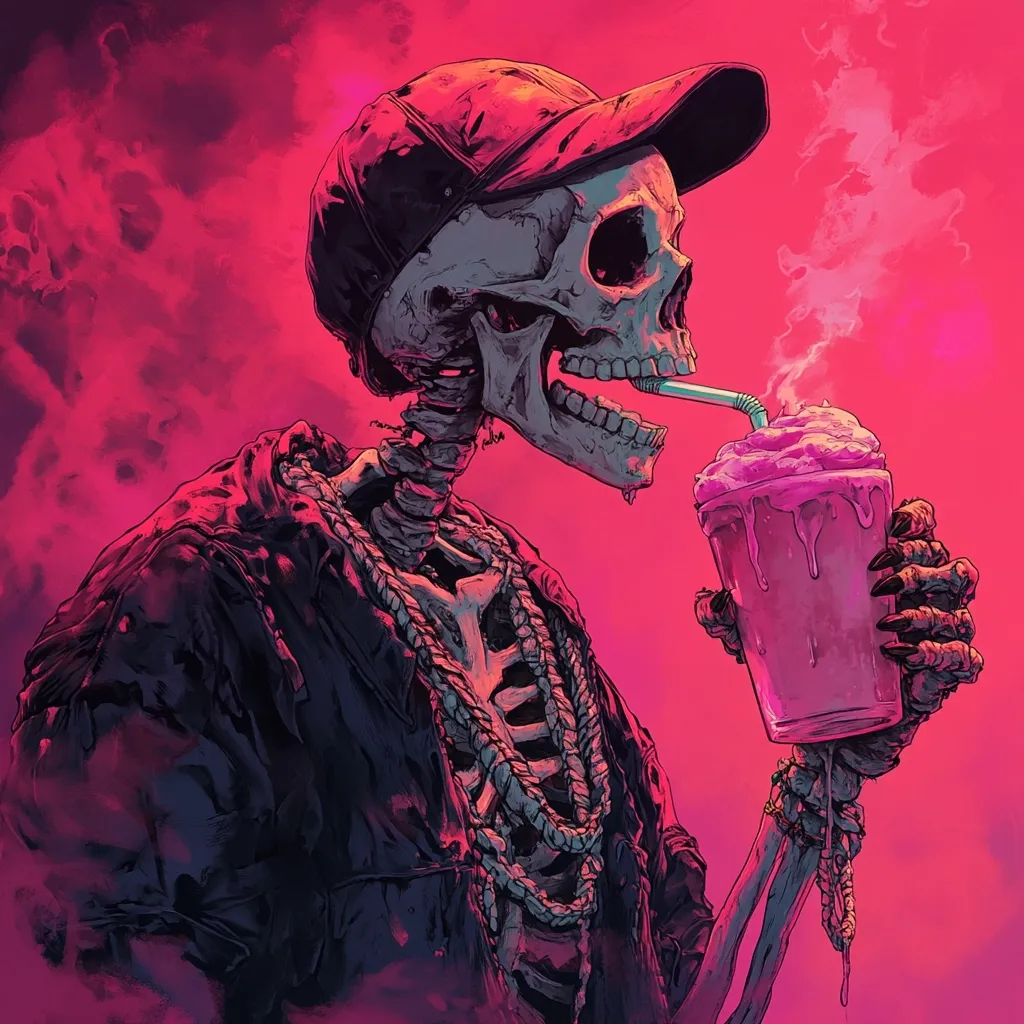 Here's a description of the image:

The artwork depicts a stylized skeleton, dressed in a dark jacket and baseball cap, enjoying a pink milkshake through a straw.  The scene is set against a vibrant, pink, smoky backdrop. The skeleton's ribcage is prominent, and it wears a chunky necklace. The milkshake is dripping, adding to the overall slightly macabre yet stylish aesthetic. The artistic style is bold and graphic, with strong contrasts in color and texture, lending a modern, edgy feel. The overall mood is one of unexpected juxtaposition—a grim reaper-like figure enjoying a sweet treat.