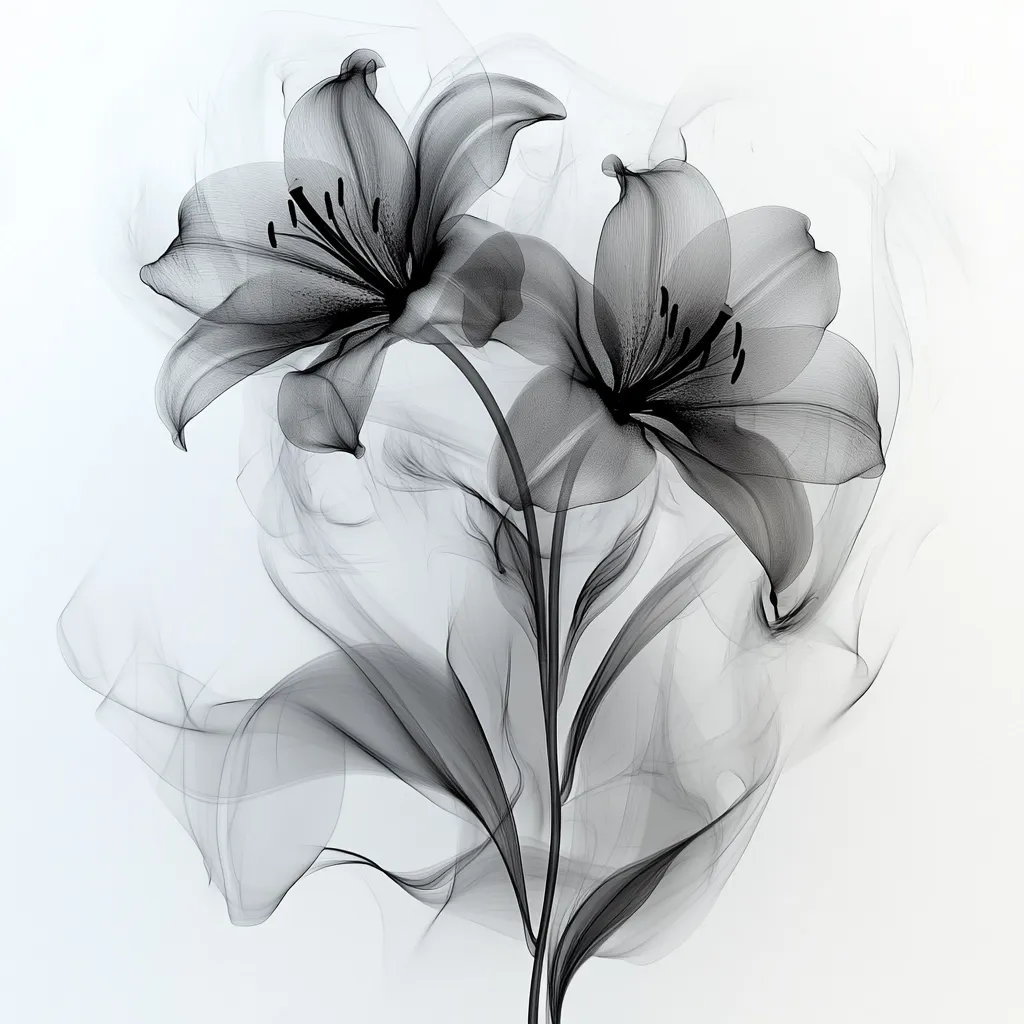 Here's a description of the image:

The artwork depicts two lilies rendered in shades of gray, appearing almost translucent.  Their petals are delicate and slightly blurred, giving a smoky or ethereal effect. The lilies are presented against a stark white background, further emphasizing their delicate nature.  The stems and leaves are similarly styled, blending seamlessly with smoky, gray tendrils that flow around the flowers, creating a dreamy, almost abstract composition.  The overall impression is one of elegance and fragility.