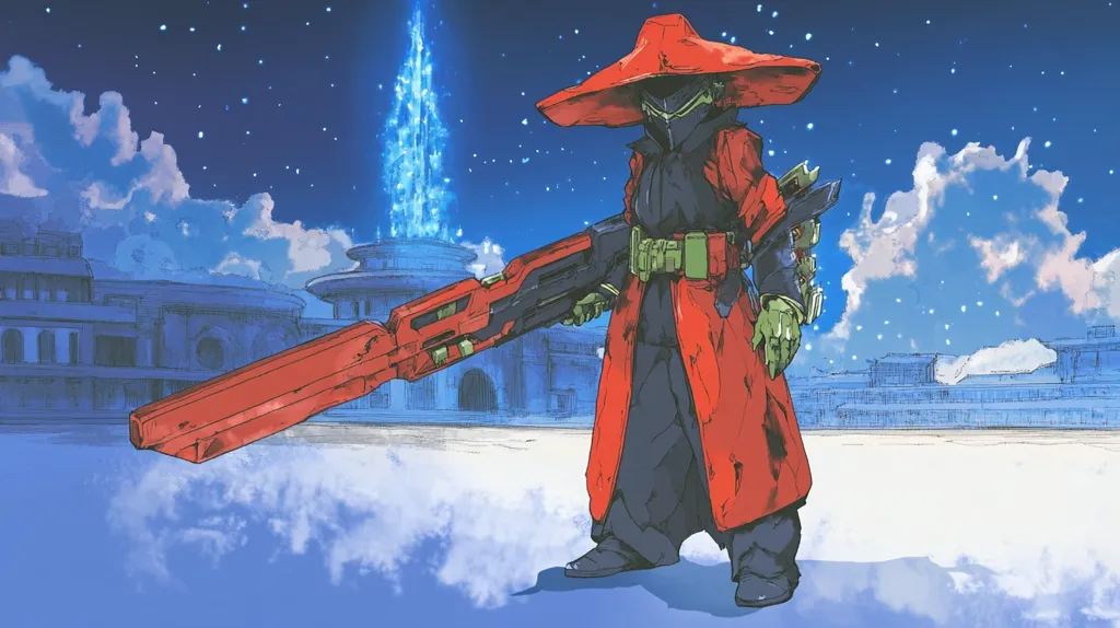 The illustration depicts a stylized character, possibly from a video game or anime, standing in a spacious plaza. The character wears a long, red coat and a wide-brimmed hat, concealing most of their face. They wield a large, futuristic rifle, its red barrel extending across much of the image.  A tall, glowing structure is visible in the background, under a sky filled with clouds and stars. The overall style is painterly, with loose brushstrokes and a muted color palette.  The scene suggests a blend of fantasy and science fiction elements.