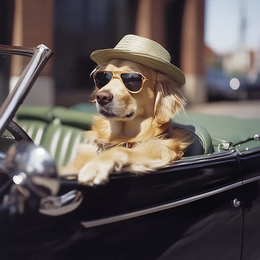 Here's a description of the image:

A Golden Retriever dog, sporting a straw fedora and aviator sunglasses, sits in the driver's seat of a classic black convertible.  The dog's posture is relaxed yet confident, its paws resting on the dashboard. The car is partially visible, showcasing its vintage design and dark green interior.  The background is blurred, suggesting a sunny day on a city street. The overall impression is one of playful sophistication and a touch of whimsy.