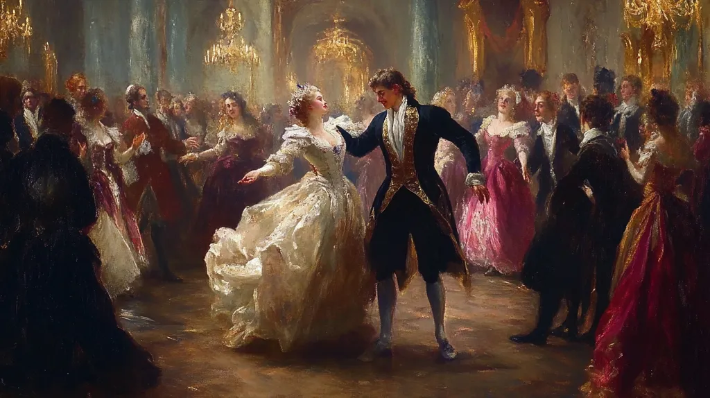 The painting depicts a lively ball in an opulent ballroom.  Elegantly dressed couples waltz, their elaborate gowns and powdered wigs reflecting the era's aristocratic style.  Warm lighting highlights a central couple, a woman in a flowing white gown and her male partner in a dark, richly detailed coat.  The background is filled with a bustling crowd, engaged in conversation and dance, creating a vibrant scene of social grace and festivity. The artist masterfully captures the textures of the fabrics and the energy of the event.