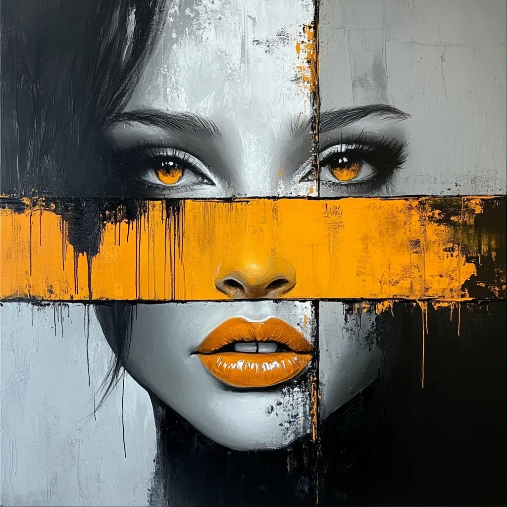 Here's a description of the image:

The artwork is a striking portrait of a woman's face, rendered in a bold, abstract style.  The face is largely grayscale, with intense, amber eyes that command attention. A thick, vibrant orange band crosses horizontally across her eyes and nose, creating a dramatic contrast. The background is a textured blend of grays and blacks, broken into geometric sections, giving the piece a fragmented yet unified feel. The style is reminiscent of contemporary abstract expressionism, balancing realistic facial features with expressive, textural brushstrokes.  The overall effect is one of powerful mystery and visual interest.