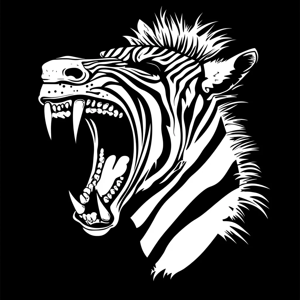 Here's a description of the image:

The image is a stark black and white illustration of a zebra's head.  The zebra is depicted in profile, its mouth wide open in a ferocious roar, revealing sharp teeth.  The style is graphic and bold, with strong contrasts between the white zebra stripes and the black background. The mane is rendered with spiky, textured lines, adding to the aggressive feel. The overall effect is powerful and dramatic, suggesting a sense of wildness and untamed energy.