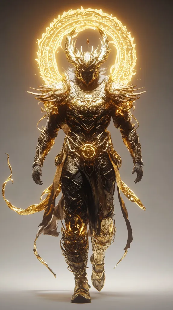 The image showcases a majestic, golden warrior figure, seemingly advancing towards the viewer.  The warrior is adorned in intricately detailed, ornate armor, complete with a large, crowned helmet and flowing robes.  A radiant, golden halo encircles the figure's head, adding to its divine or powerful aura. The armor's design suggests a blend of Eastern and fantasy influences, with flowing lines and dragon-like embellishments.  The overall effect is one of grandeur and mythical power.