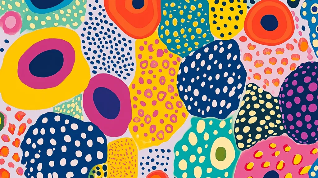 Here's a description of the image:

The image is an abstract artwork composed of numerous vibrant, organic shapes.  These shapes overlap and intermingle, creating a dynamic and energetic composition.  The color palette is bold and varied, featuring bright yellows, pinks, oranges, blues, and greens. Many shapes incorporate polka dots, while others have irregular patterns resembling animal prints or abstract textures. The overall effect is playful, joyful, and visually stimulating. The background is a muted off-white, allowing the colorful shapes to pop.