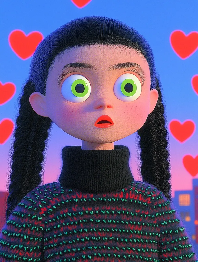 A 3D-rendered illustration of a young girl with dark hair in pigtails, large green eyes, and a surprised expression.  She wears a dark turtleneck sweater with a textured, patterned design in red and green.  Floating red hearts surround her against a backdrop of a purple-pink sunset and a blurred cityscape. The overall style is whimsical and slightly surreal.
