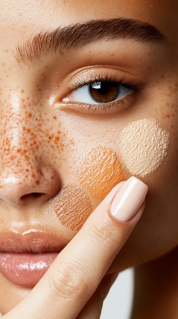 Close-up of a woman's face with freckles. Three shades of foundation are swatched on her cheek, showcasing different undertones.  Her finger, with a light beige manicure, rests gently on the foundation samples. The image emphasizes natural beauty and makeup application, focusing on the subtle details of skin texture and color matching.  The lighting is soft and enhances the overall aesthetic.