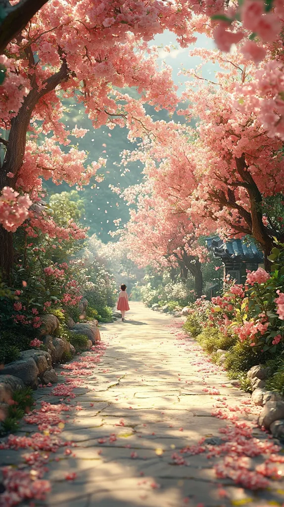 A young girl walks down a sun-dappled stone path, framed by blossoming pink trees.  Petals fall like gentle rain, carpeting the ground.  The scene is idyllic and peaceful, with lush greenery and a traditional-style building peeking through the trees in the background.  The overall feeling is one of serenity and springtime beauty, evoking a sense of wonder and tranquility.