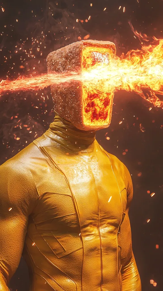 Here's a description of the image:

The image showcases a stylized figure, possibly a superhero or otherworldly being, clad in a form-fitting, golden suit.  The head is uniquely designed as a cube-like structure, seemingly made of toasted bread, with fiery, incandescent energy emanating from its eye sockets, creating a dramatic beam of fire.  The background is dark, accented by swirling embers and sparks, emphasizing the figure's fiery power. The overall style is digital art, striking a balance between realism and fantasy.